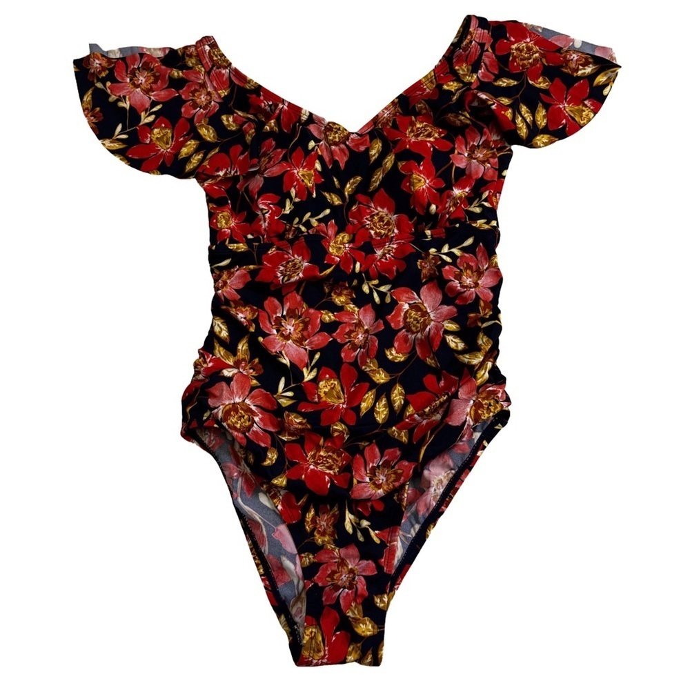 D&Co Beach Floral One-Piece Swimsuit  Size 2 Flutter Sleeve Ruched Bodice NWT - Picture 3 of 12